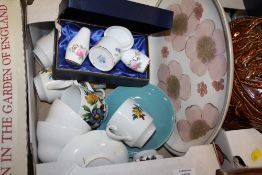 A BOX OF FLORAL CHINA COALPORT CRUET SET ETC.