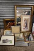 A QUANTITY OF PICTURES PRINTS AND MIRRORS TO INCLUDE A WATERCOLOUR OF A CANAL