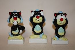 A SET OF THREE LORNA BAILEY CAT FIGURES - SEE NO EVIL, SPEAK NO EVIL AND HEAR NO EVIL