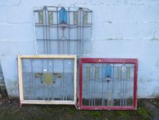 THREE LARGE ASSORTED PIECES OF STAINED AND LEADED GLASS 65 X 78 CM (3) A/F