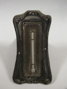 A SMALL HALLMARKED SILVER DESK THERMOMETER, HEIGHT 10 CM