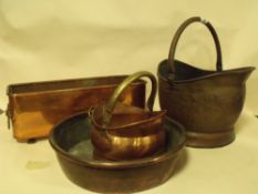 TWO COPPER COAL SCUTTLES, A RECTANGULAR COPPER PLANTER AND A COPPER BOWL (4)