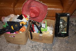 TWO BOXES OF ASSORTED TOYS TO INCLUDE A DINKY DIECAST USS ENTERPRISE, SUBUTTEO PLAYERS ETC.