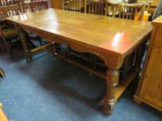 A LARGE OAK REFECTORY STYLE DINING TABLE - MINUS DRAW LEAVES H-76 CM W-90 CM L- 200 CM