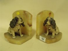 A PAIR OF ART DECO ONYX BOOK ENDS WITH METAL SPANIELS A/F