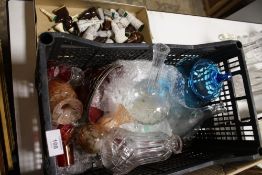 A BOX OF GLASSWARE TO INCLUDE CRANBERRY GLASS TOGETHER WITH A BOX OF CHESS PIECES