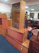 A LOW TEAK RETRO ENTERTAINMENT UNIT H-46 W-153 CM, ANOTHER TEAK LOW CABINET, GLAZED WALL CABINET,