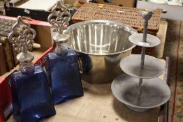A PAIR OF MODERN DECORATIVE BLUE GLASS DECANTERS TOGETHER WITH A THREE TIER CAKE STAND AND A LARGE