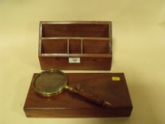 A NAVAL INTEREST BRASS AND WOODEN MAGNIFYING GLASS IN FITTED CASE TOGETHER WITH A BRASS INLAID