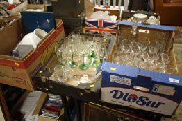 TWO TRAYS OF ASSORTED GLASSWARE TOGETHER WITH A BOX OF CERAMICS ETC.