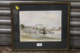 A FRAMED AND GLAZED WATERCOLOUR DEPICTING THE THAMES AT HAMMERSMITH, SIGNED POUTMEY