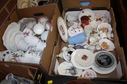A TRAY OF ASSORTED CHINA TO INCLUDE ROYAL STAFFORD TOGETHER WITH A TRAY OF CRESTED AND COMMEMORATIVE