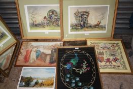 A COLLECTION OF ASSORTED PICTURES TO INCLUDE A PAIR OF SIGNED E R STURGEON PRINTS, CROSS STITCH,