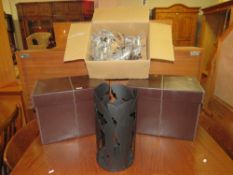 A PAIR OF MODERN LEATHER-STYLE STORAGE BOXES WITH HANDLES, A MODERN METAL TABLE CENTREPIECE