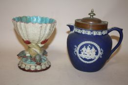 A MAJOLICA STYLE FOOTED BOWL TOGETHER WITH AN ADAMS JUG