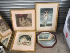 THREE FRAMED ANTIQUE STYLE PRINTS, TOGETHER WITH A MODERN MIRROR (4)