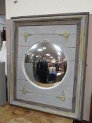 A VINTAGE PAINTED FRAMED WALL MIRROR WITH GILT FLORAL DETAIL 113 X 92 CM