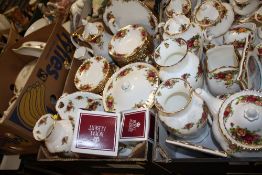 THREE TRAYS OF ROYAL ALBERT OLD COUNTRY ROSES CHINA TO INCLUDE TEA AND COFFEE POTS, BOWLS, VASES