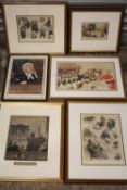 FOUR FRAMED AND GLAZED ANTIQUE HAND COLOURED JUDICIAL / COURTROOM PRINTS TOGETHER WITH TWO OTHER