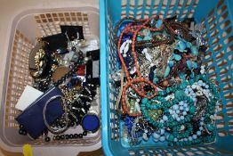 TWO BASKETS OF COSTUME JEWELLERY TO CORAL AND TURQUOISE NECKLACES
