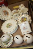 A TRAY OF ROYAL DOULTON BUNNYKINS CERAMICS TO INCLUDE MONEY BANKS