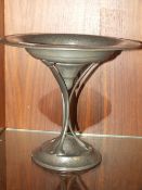 A PERIOD PEWTER HAMMERED FINISH TAZZA, HEIGHT 24 CM