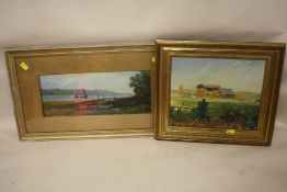 A GILT FRAMED AND GLAZED OIL ON CARD ENTITLED 'ON THE ORWELL' VERSO TOGETHER AN OIL ON BOARD OF A