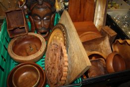 TWO TRAYS ASSORTED TREEN TO INCLUDE A WALL HANGING MASK, LIDDED BOXES ETC