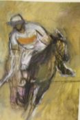 AN UNFRAMED MOUNTED PASTEL AND CHARCOAL OF A POLO PLAYER, SIZE 16 CM X 27 CM