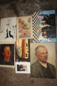 A COLLECTION OF ASSORTED UNFRAMED PICTURES TO INCLUDE AN OIL ON CANVAS PORTRAIT STUDY, WATERCOLOUR