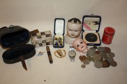 A BOX OF COLLECTABLES TO INCLUDE GERMAN STYLE BISQUE DOLL HEADS, MOTHER OF PEARL TRINKET BOX ,