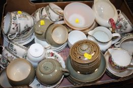 A TRAY OF ASSORTED CHINA TO INCLUDE INDIAN TREE, DENBY STONEWARE ETC