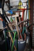 A BIN OF GARDEN TOOLS ETC