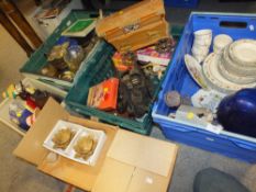 THREE BOXES OF CERAMICS, CHINA AND COLLECTABLES TO INCLUDE HORSE AND CART FIGURES