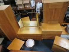 A COLLECTION OF RETRO LIGHT OAK UTILITY FURNITURE TO INCLUDE SINGLE WARDROBE, DRESSING TABLE, CHEST,