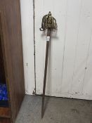 A VINTAGE SWORD WITH BRASS CAGE HILT, BLADE LENGTH 84 CM