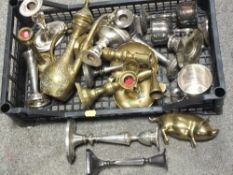 TWO TRAYS OF BRASSWARE, COPPER AND SILVER PLATED WARE