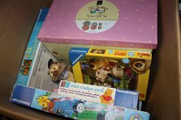 A BOX OF ASSORTED SUNDRIES TO INCLUDE JIGSAW PUZZLES, PRICE AND KENSINGTON GIFT SET ETC.