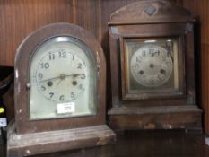 TWO VINTAGE OAK AND MAHOGANY MANTEL CLOCKS, A/F