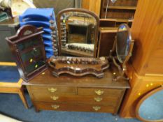 A LOW MAHOGANY 4 DRAWER CHEST, TWO DRESSING MIRRORS AND A MODERN CABINET (4)