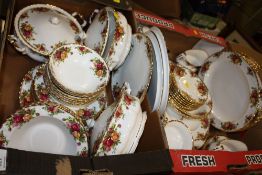 THREE TRAYS OF ROYAL ALBERT OLD COUNTRY ROSES CHINA TO INCLUDE TUREENS, TEAWARE, PLATES ETC