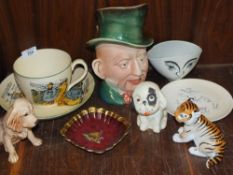 A COLLECTION OF ASSORTED CERAMICS TO INCLUDE A MINTONS TYKES MOTTO CUP AND SAUCER, RUSSIAN TIGER