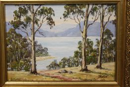 A SMALL GILT FRAMED AUSTRALIAN STYLE OIL ON BOARD OF A MOUNTAINOUS COUNTRY LAKE SCENE SIGNED B