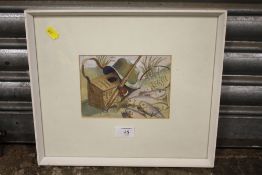 A FRAMED AND GLAZED WATERCOLOUR GOUACHE STILL LIFE OF A FISHING EQUIPMENT, SIGNED L H BARNARD