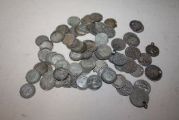 A BAG OF SILVER THREE PENNYS, AMERICAN COINS ETC.