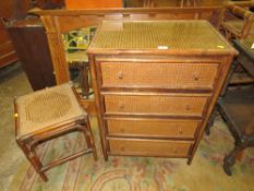 A MODERN WICKER STYLE THREE DRAWER DESK H-75 W-103 CM, CHEST AND STOOL (3)