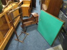 A VINTAGE WOODEN CHILDS ROCKING CRADLE L-72 CM, A GENTS VALET STAND AND A CARD TABLE (3)