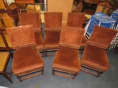 A SET OF SIX OAK BOBBIN REEL UPHOLSTERED CHAIRS