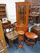 A REPRODUCTION CORNER CABINET , TORCHERE, WALNUT NEST OF TABLES AND OCCASIONAL TABLE (4)