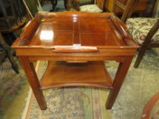 A MODERN ORIENTAL STYLE HARDWOOD TWO TIER TRAY TOP TABLE H-60 W-61 CM S/D